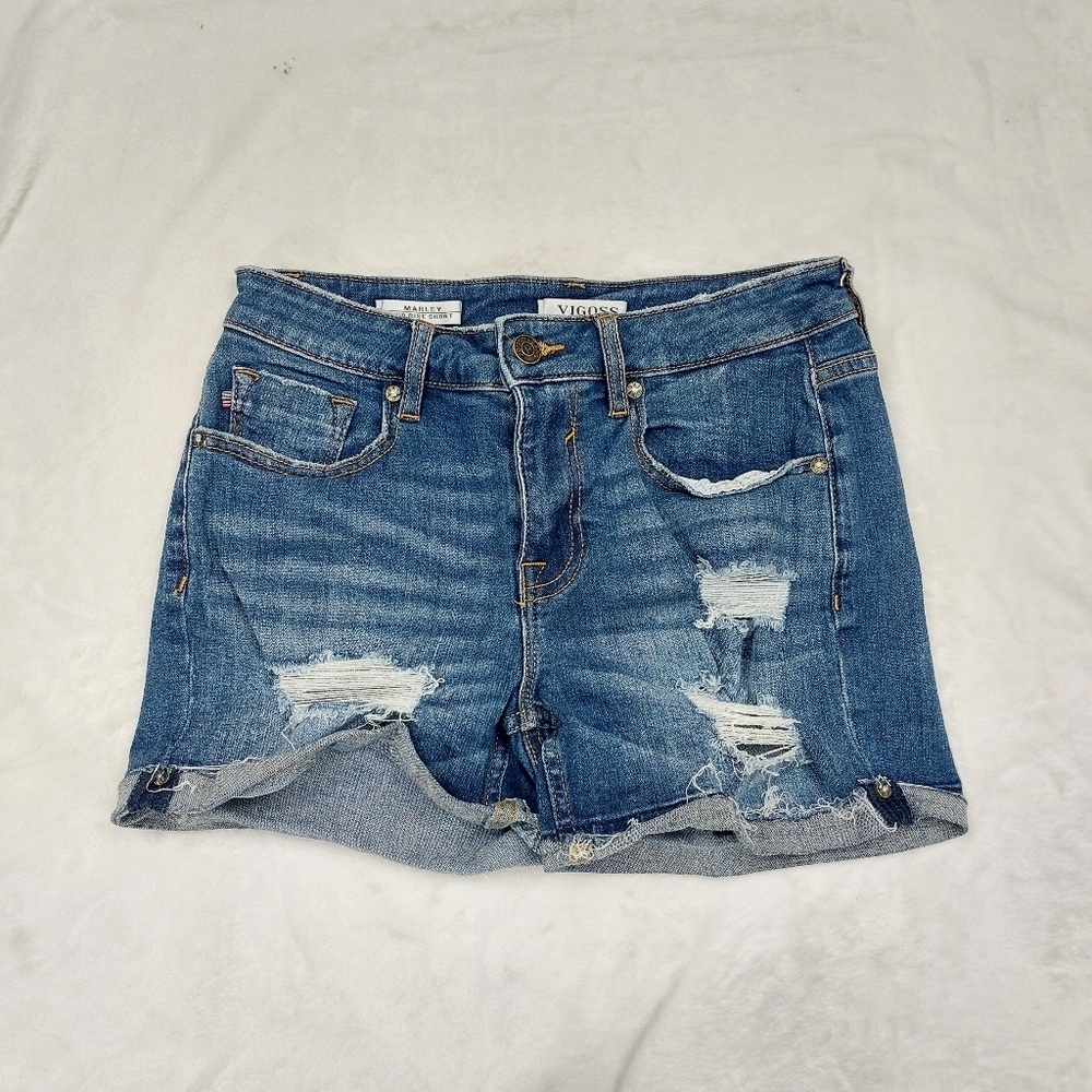 VIGOSS JEANS WOMENS BLUE DISTRESSED MARLEY MIDRISE COTTON BLEND DENIM SHORTS 25